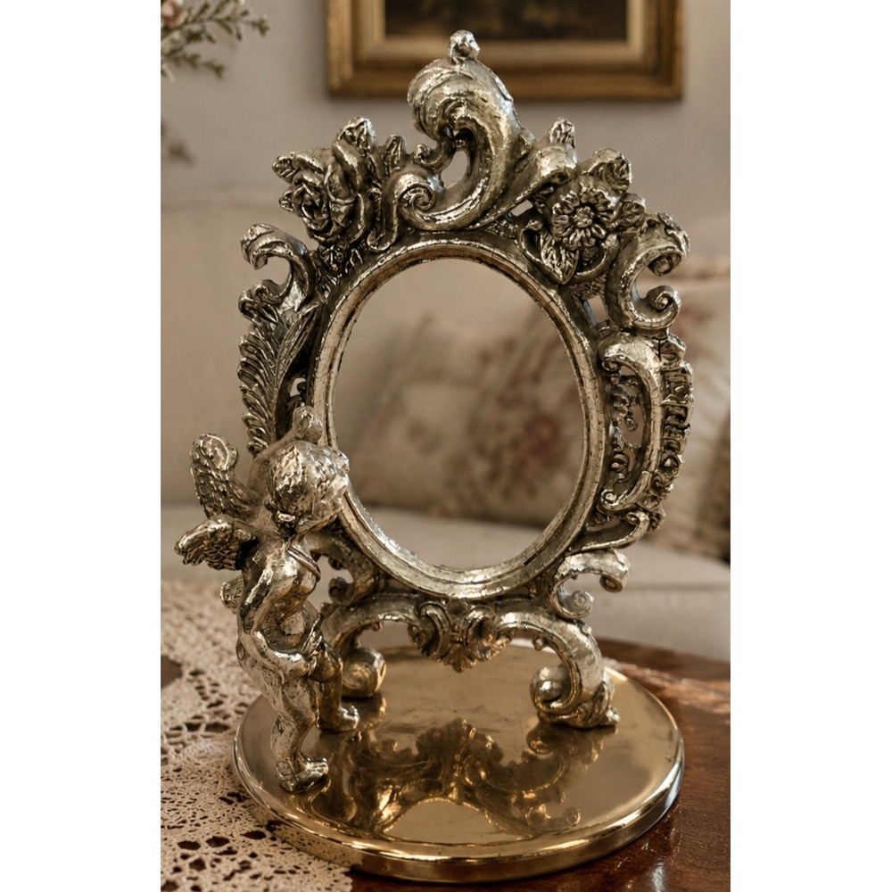 VTG Ornate Silver Cherub Angel Oval Picture Frame Gold Pedestal brass
Base